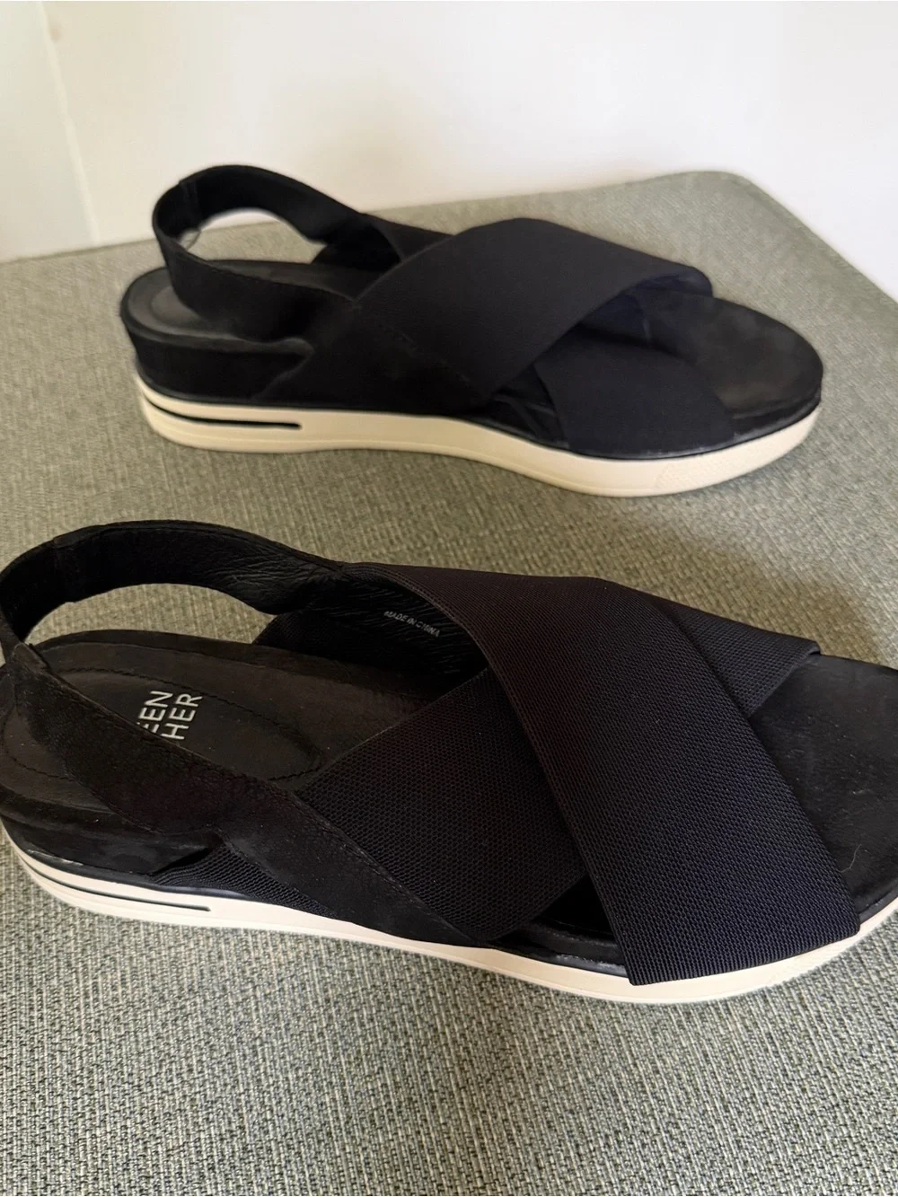 Eileen Fisher Black Criss-Cross Wedge Slingback Sandals